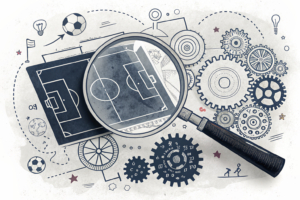 A large magnifying glass hovers over a soccer field, revealing intricate patterns of interconnected gears beneath the surface.