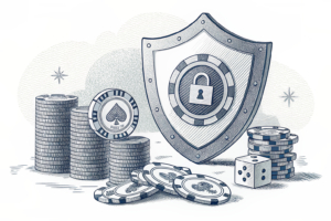 A large, protective shield envelops a group of fading digital gambling tokens, symbolizing automatic exclusion from gambling for a vulnerable segment of the population.