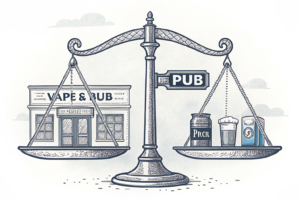 A scale balancing a pub and a vape shop while a gaming hall fades into the background.