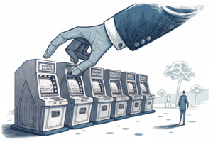 A giant hand hovers over a stack of gaming machines, selecting and removing the non-compliant ones.