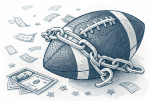 A broken chain link wrapped around a football, symbolizing the proposed ban on unlicensed gambling sponsorships in sports.
