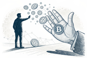 A digital hand restricts a flow of virtual coins, while a shadowy figure watches from the background.