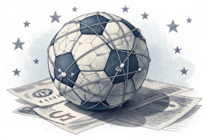 A soccer ball wrapped in a web of political and commercial ties, with a shadow looming over its future.