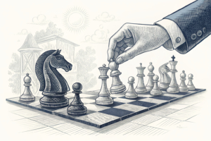 A chessboard with pieces representing different stakeholders in the racing industry, as a hand moves a pawn forward in a strategic move.