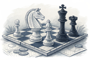 A chessboard with pieces representing different stakeholders in the horseracing sector, each making strategic moves under the watchful eye of a knight piece.