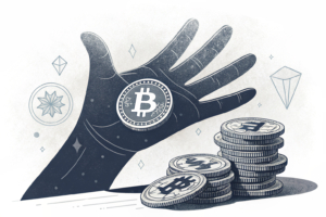 A giant hand casts a shadow over a digital prediction market, as a stack of virtual coins fades into darkness.