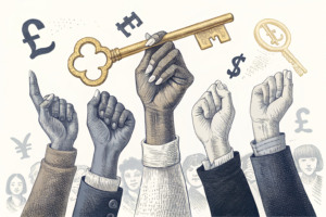 A group of diverse hands hold up a golden key symbolizing unity and self-regulation in a rapidly expanding sector.