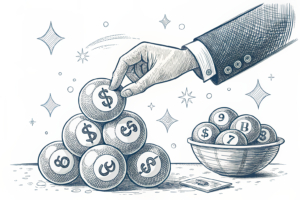 A towering hand sweeps away a stack of traditional lottery balls, leaving a trail of transparency and accountability in its wake.