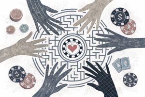A maze of intertwined hands reaching out for digital gambling chips, symbolizing community-led initiatives to prevent gambling harm.