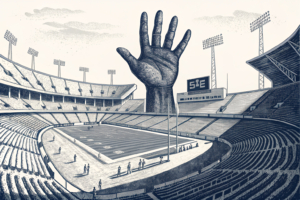 A giant hand casts a shadow over a stadium filled with empty seats and sports equipment.