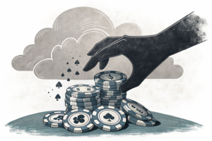 A large, shadowy hand casts a dark cloud over a group of fading digital casino chips, symbolizing the crackdown on illegal gambling activities.