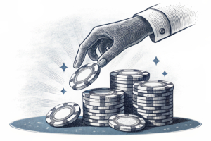 A digital platform's hand hovers over a stack of virtual gambling chips, casting a shadow over them.