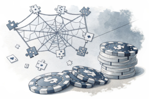 A tangled web of interconnected puzzle pieces hovers above a fading stack of traditional gambling chips, symbolizing the complexity and uncertainty surrounding land-based gambling reforms in the country.