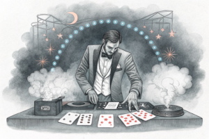 A surreal scene where a magician pulls a DJ out of a deck of cards, surrounded by a haze of smoke and neon lights.