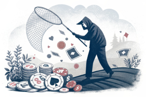 A shadowy figure casts a net over a digital landscape of fading gambling symbols and icons.