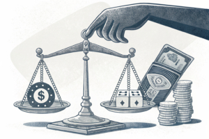A scale weighing the balance between player protection and bookmakers' operations, with a shadowy hand tipping the scale towards consumer rights.