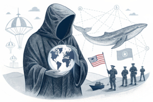 A shadowy figure in a cloak holds a crystal ball revealing classified military operations, while a group of faceless figures engage in secretive transactions under the watchful eye of a looming whale.