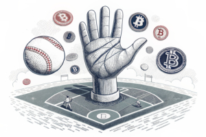 A giant hand casts a shadow over a baseball field where digital coins representing bets on youth sports fade into darkness.