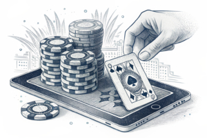 A fading stack of digital chips symbolizes the decline in traditional gambling, while a solitary hand hovers over a virtual casino floor.