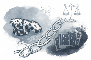 A broken chain symbolizes the legal barrier preventing a tribal casino development as digital casino chips scatter in the background.