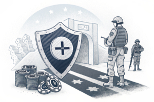 A digital shield blocks a pathway between a gambling operator and a military personnel register.