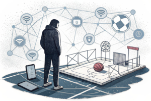 A shadowy figure oversees a digital platform with disappearing sports equipment, surrounded by a web of interconnected devices.