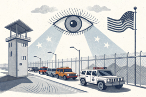 A watchful eye in the sky casts a shadow over a row of colorful vehicles entering a gated area.