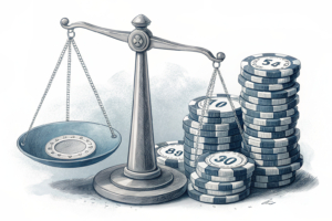 A scale balancing between a towering stack of casino chips and a smaller stack of sports betting chips, representing the disparity in tax revenue generated from each sector.