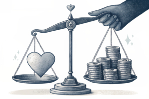 A scale balancing a stack of coins and a heart, with a shadowy hand trying to tip the balance towards the coins.