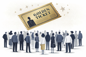 A golden ticket floats above a diverse group of abstract figures, symbolizing contributions to vital state programs.