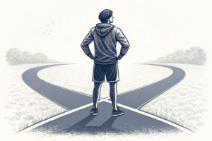 A young athlete stands at a crossroads, with one path leading to a bright future and the other fading into obscurity.