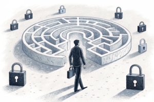 A maze of interconnected locks surrounds a solitary figure, symbolizing the struggle of individuals to self-exclude from gambling addiction.