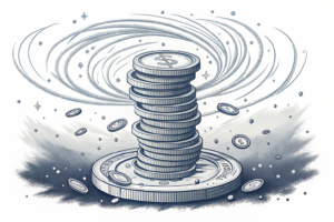 A digital vortex swirls around a towering stack of virtual coins, symbolizing the surge in online gaming and sports betting revenue.