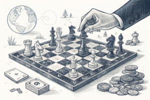 A large, intricate chessboard with pieces representing different stakeholders is being strategically rearranged by unseen hands.