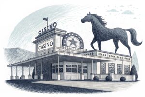A shadow looms over a small casino venue as a giant horse racing machine threatens its existence.