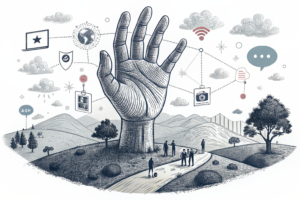 A giant hand hovers over a digital landscape, shaping data-driven research projects, multimedia content, and engaging community experiences.