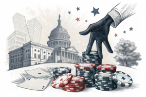 A towering hand casts a shadow over a vibrant field of digital betting chips, symbolizing the sector's vital contribution to state revenue amidst political scrutiny.