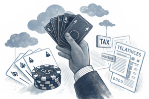 A hand holding a stack of fading digital chips, surrounded by shadows of regulatory clouds and tax receipts.