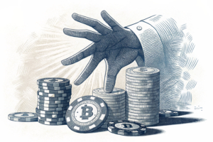 A towering hand casts a shadow over a fading stack of digital gaming chips.