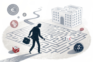 A shadowy figure casts a bet on a maze of interconnected digital pathways, symbolizing the blurred lines between prediction markets and traditional forecasting methods.