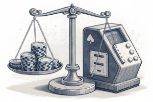 A scale balances between a stack of digital chips and a fading arcade machine, symbolizing the impact of tax hikes on the gaming sector.