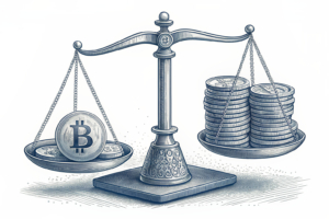 A digital scale weighing a stack of virtual coins, with one side significantly heavier than the other.