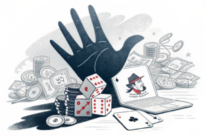 A massive digital hand casts a shadow over a growing pile of forbidden gambling websites that vanish into the darkness.