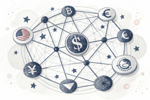 A web of interconnected digital threads weaves through a maze of floating orbs representing various outcomes, symbolizing the complexity of multi-outcome contracts in prediction markets.