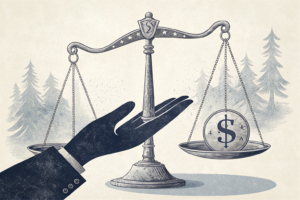 A scale tips between a fading legacy business and a thriving new segment, with a shadowy hand influencing the balance.