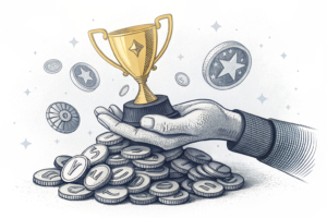 A hand holding a golden fantasy sports trophy emerges from a pile of digital coins, symbolizing the boost in revenue from the acquisition of a daily fantasy sports operator.