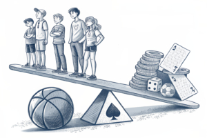 A group of young individuals stand on a seesaw balancing between a stack of sports equipment and a pile of warning signs, symbolizing the delicate balance between casual sports betting and potential risks.