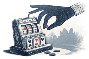 A giant hand casts a shadow over a fading stack of digital slot machine symbols.