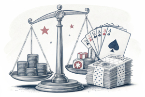 A scale balances a stack of digital sports event contracts against a fading pile of state gambling regulations.