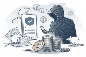 A shadowy figure surrounded by rat emojis, a stack of digital coins, and a no-contact list symbolizes the intimidation tactics and legal consequences in a sports betting case.